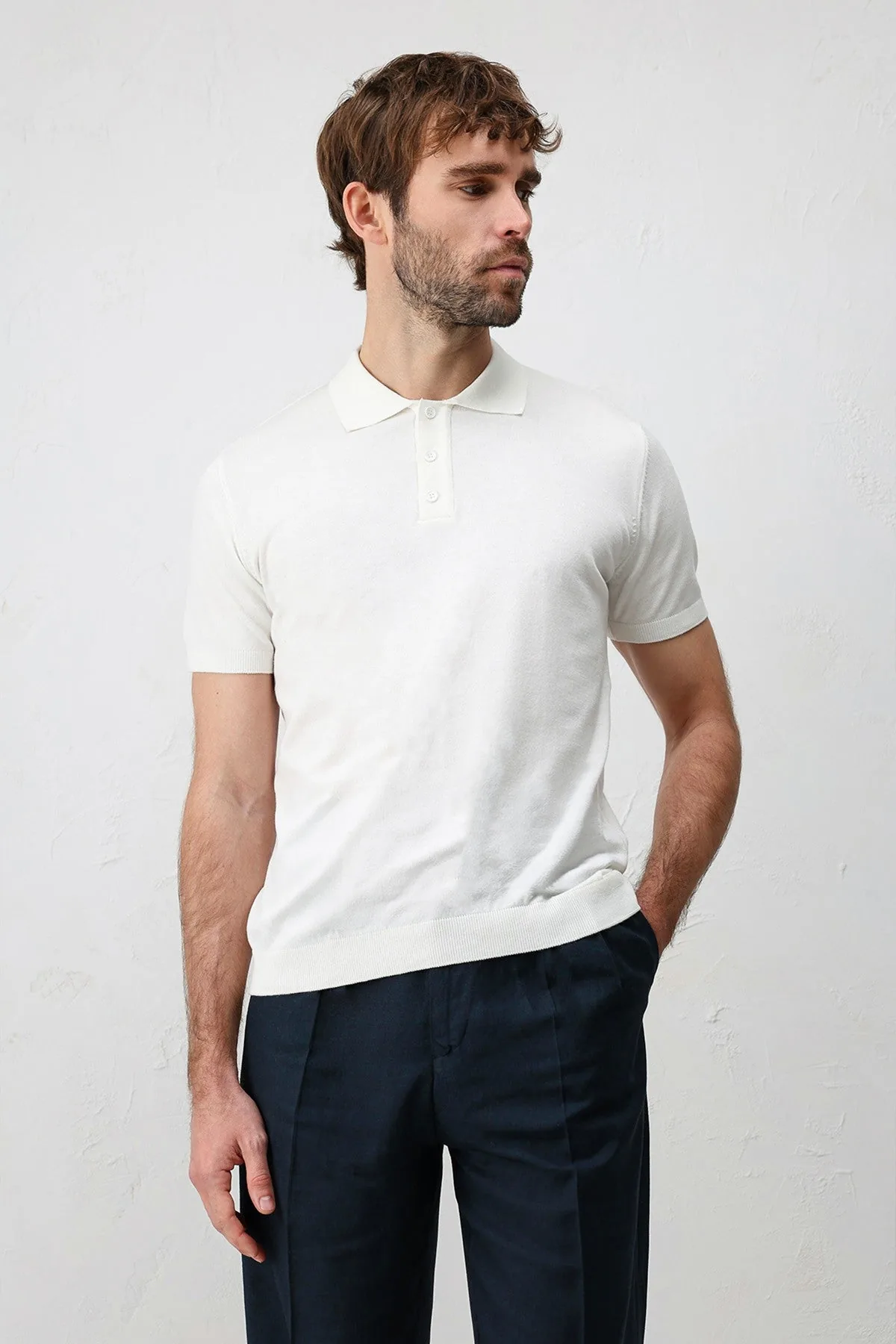 Comfort Slim Polo Yaka Erkek Triko T-Shirt A26Y3170 - Ekru